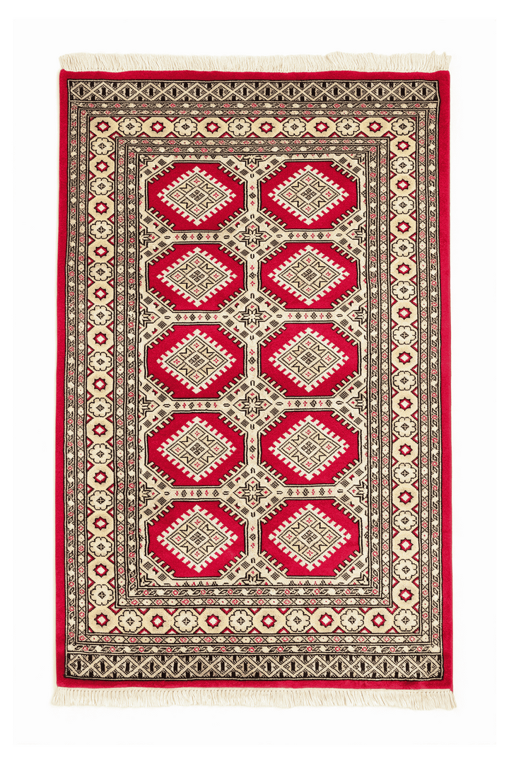 レッドのパキスタン絨毯 ジャルダール（ギュル柄） 97×148cm・約1畳の手織りウールラグ