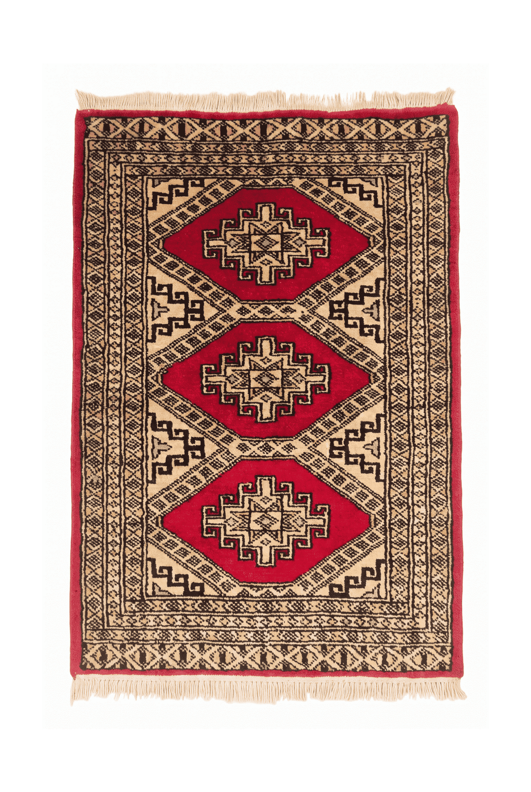 レッドのパキスタン絨毯 ジャルダール（メダリオン柄） 63×95cm・玄関マットの手織りウールラグ