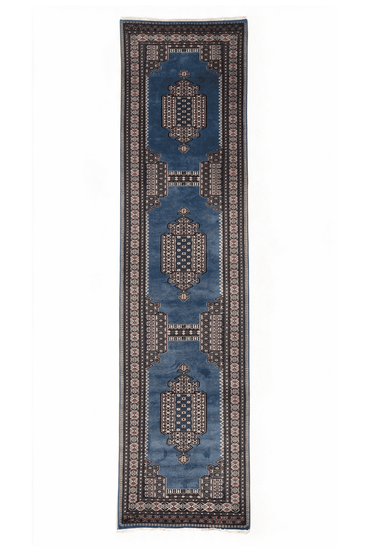 スレートブルーのパキスタン絨毯 ジャルダール（メダリオン柄） 78×316cm・廊下ランナーの手織りウールラグ