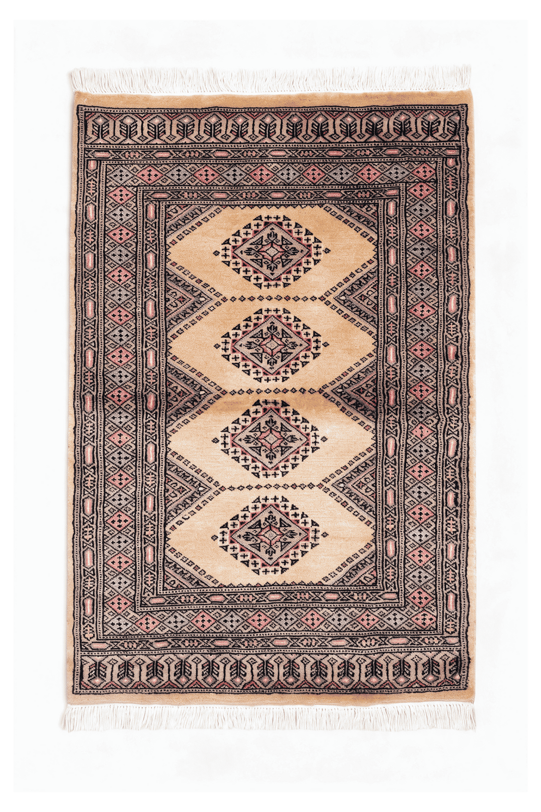 ウォームアイボリーのパキスタン絨毯 ジャルダール（ギュル柄） 79×114cm・約1畳の手織りウールラグ