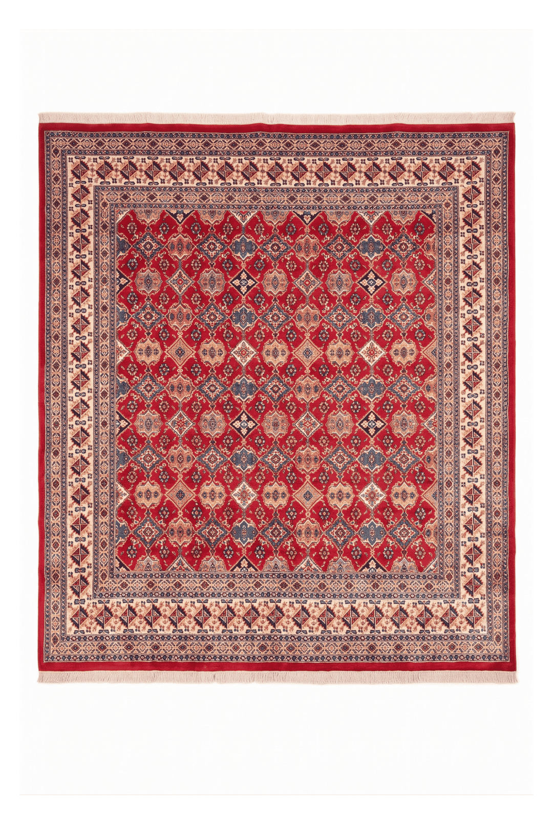 コーラルレッドのパキスタン絨毯 ジャルダール シルク（幾何学柄） 238×252cm・約4.5畳の手織りウール・シルクラグ