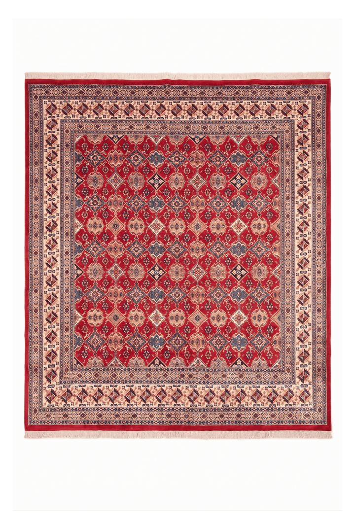 コーラルレッドのパキスタン絨毯 ジャルダール シルク（幾何学柄） 238×252cm・約4.5畳の手織りウール・シルクラグ