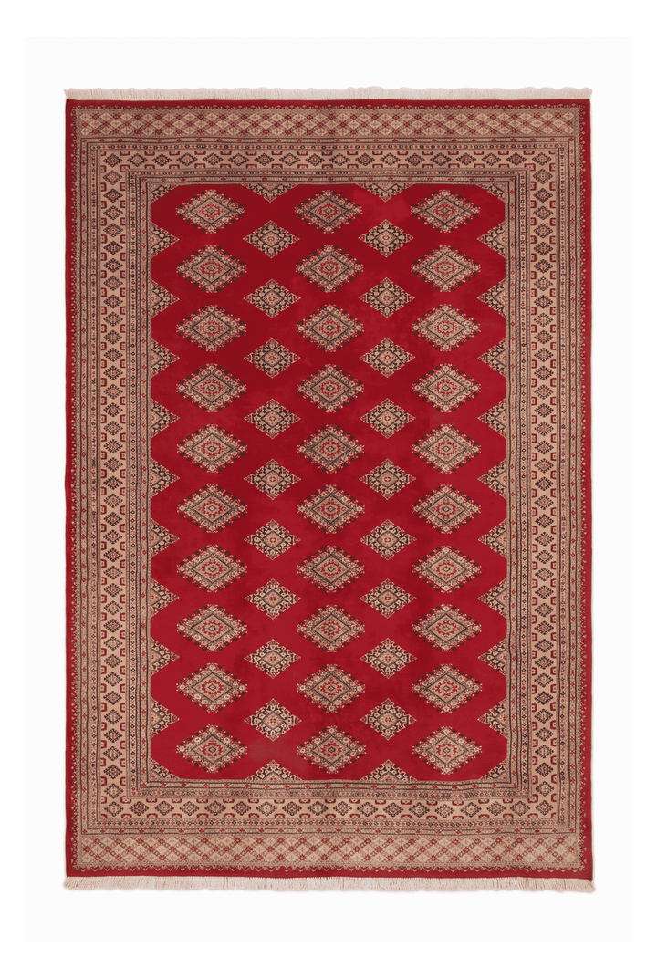クリムゾンのパキスタン絨毯 ジャルダール シルク（ギュル柄） 196×234cm・約3畳の手織りウール・シルクラグ