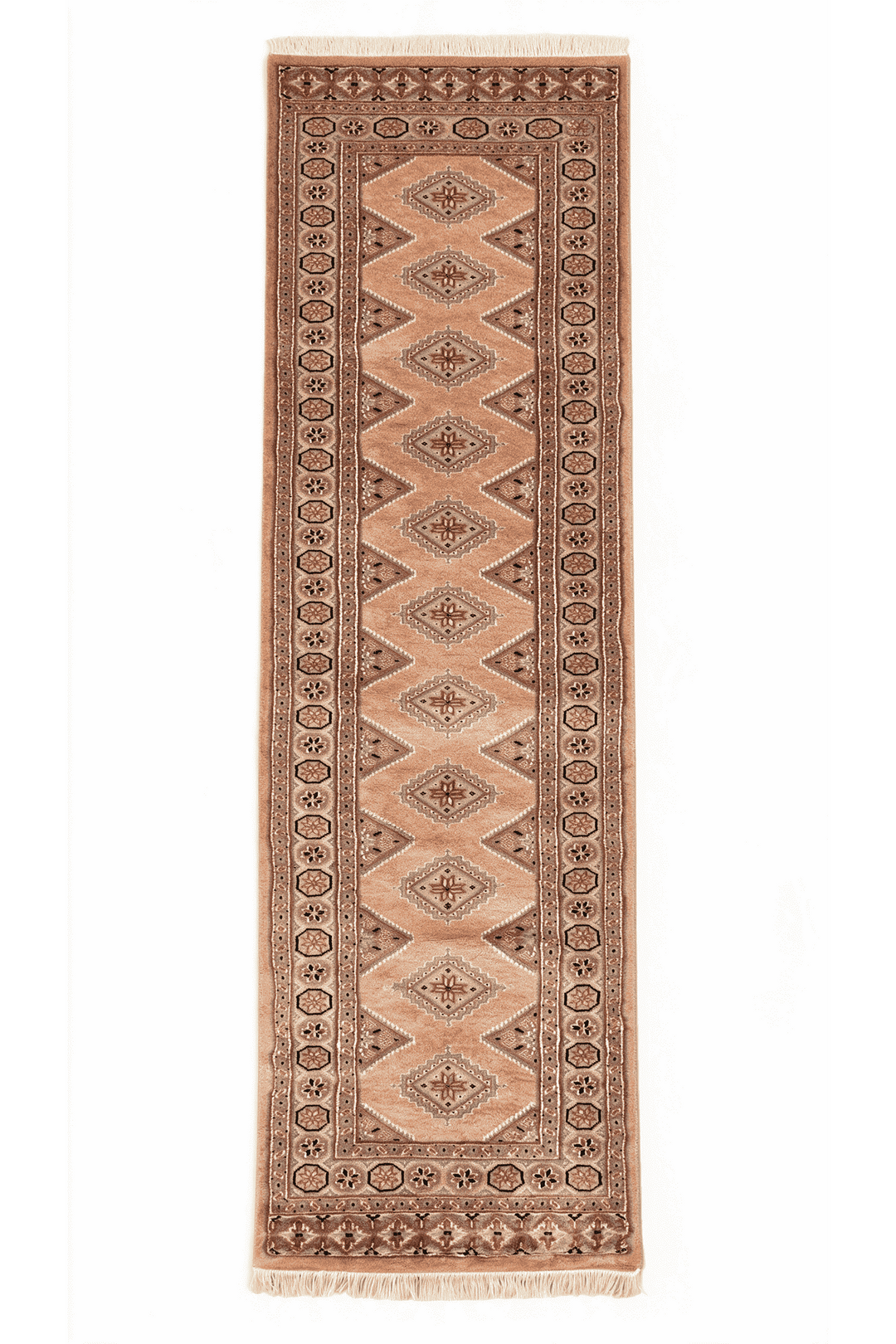 ゴールデンブラウンのパキスタン絨毯 ジャルダール シルク（ギュル柄） 61×185cm・廊下ランナーの手織りウール・シルクラグ