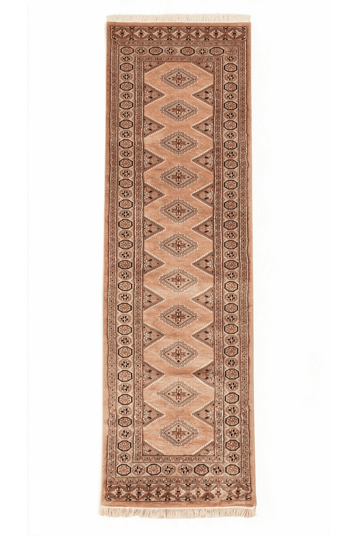ゴールデンブラウンのパキスタン絨毯 ジャルダール シルク（ギュル柄） 61×185cm・廊下ランナーの手織りウール・シルクラグ