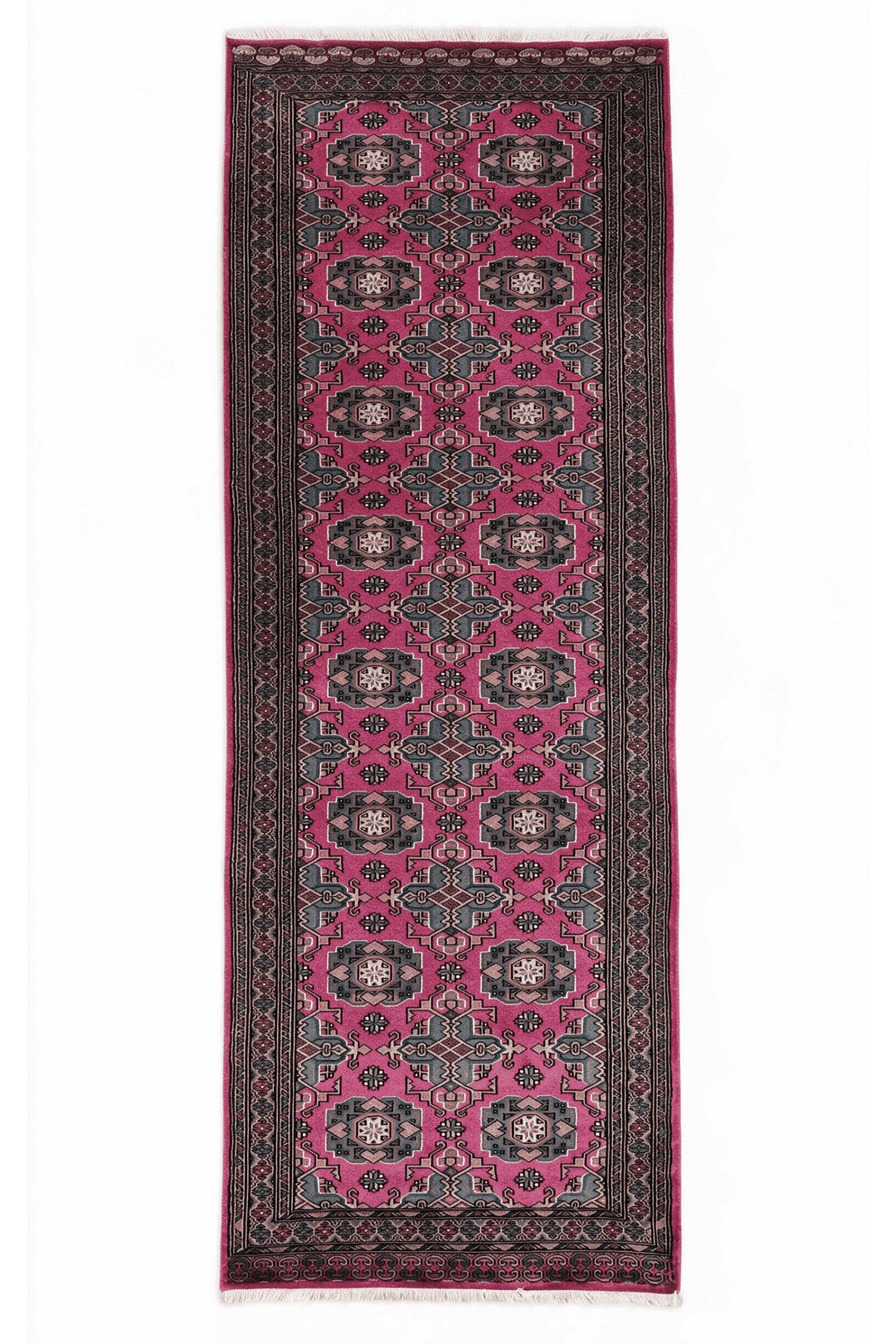 マゼンタのパキスタン絨毯 ジャルダール シルク（ギュル柄） 79×217cm・廊下ランナーの手織りウール・シルクラグ