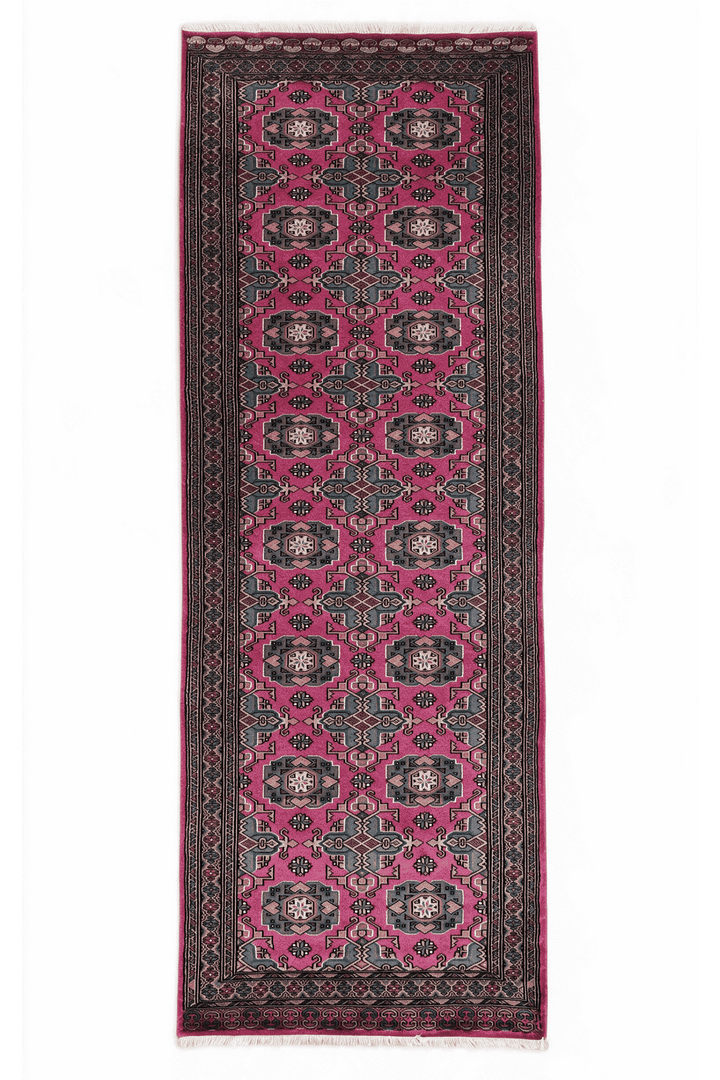 マゼンタのパキスタン絨毯 ジャルダール シルク（ギュル柄） 79×217cm・廊下ランナーの手織りウール・シルクラグ