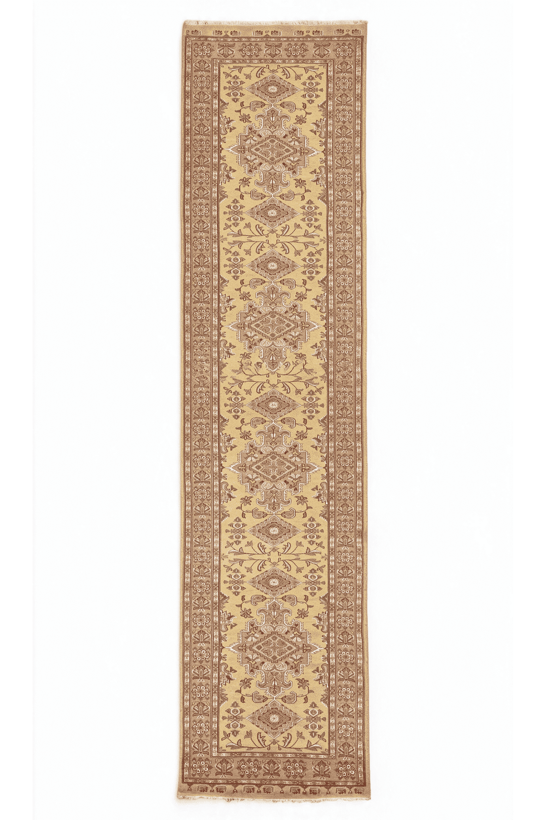 ウィートのパキスタン絨毯 ジャルダール シルク（メダリオン柄） 79×397cm・廊下ランナーの手織りウール・シルクラグ