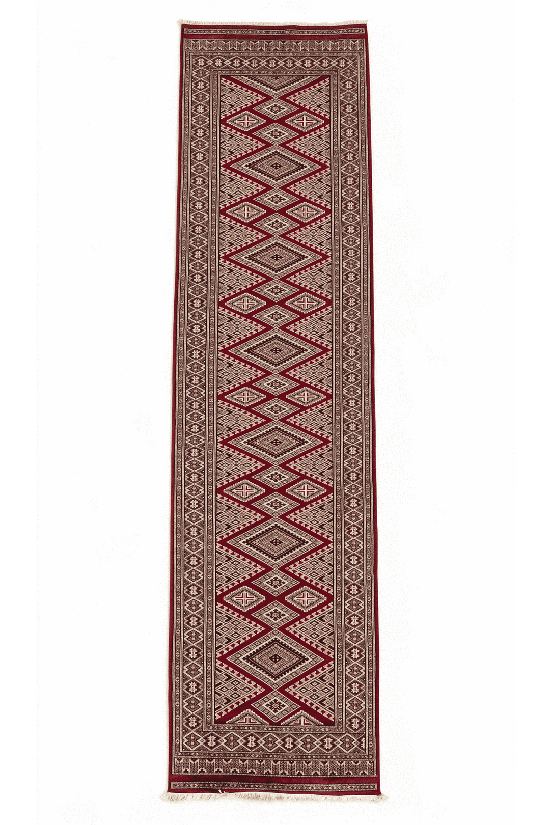 ワインのパキスタン絨毯 ジャルダール シルク（ギュル柄） 78×314cm・廊下ランナーの手織りウール・シルクラグ