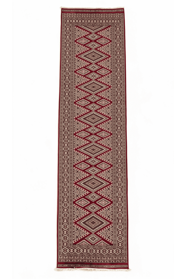 ワインのパキスタン絨毯 ジャルダール シルク（ギュル柄） 78×314cm・廊下ランナーの手織りウール・シルクラグ