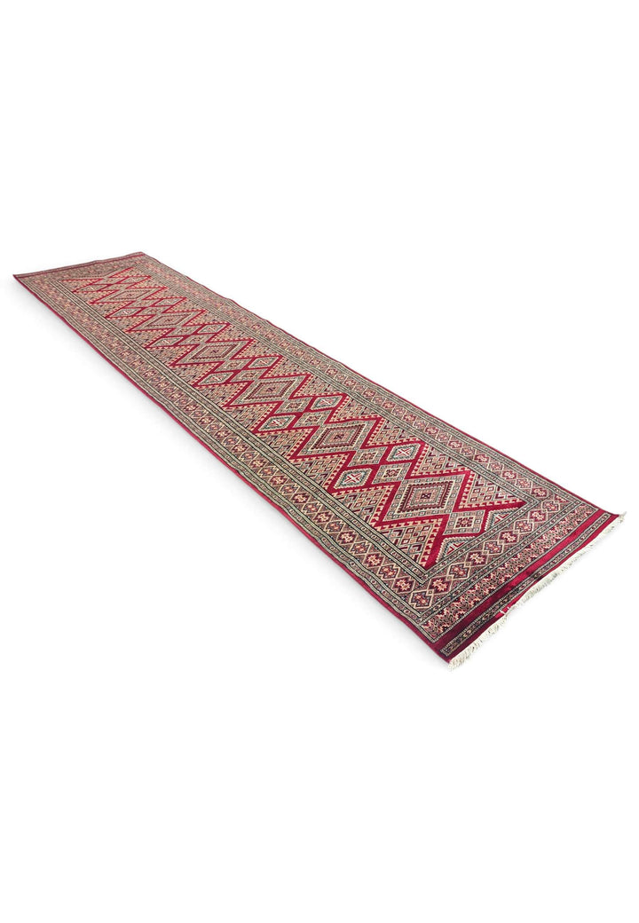 ワインのパキスタン絨毯 ジャルダール シルク（ギュル柄） 手織りラグ 78×314cm（写真5）