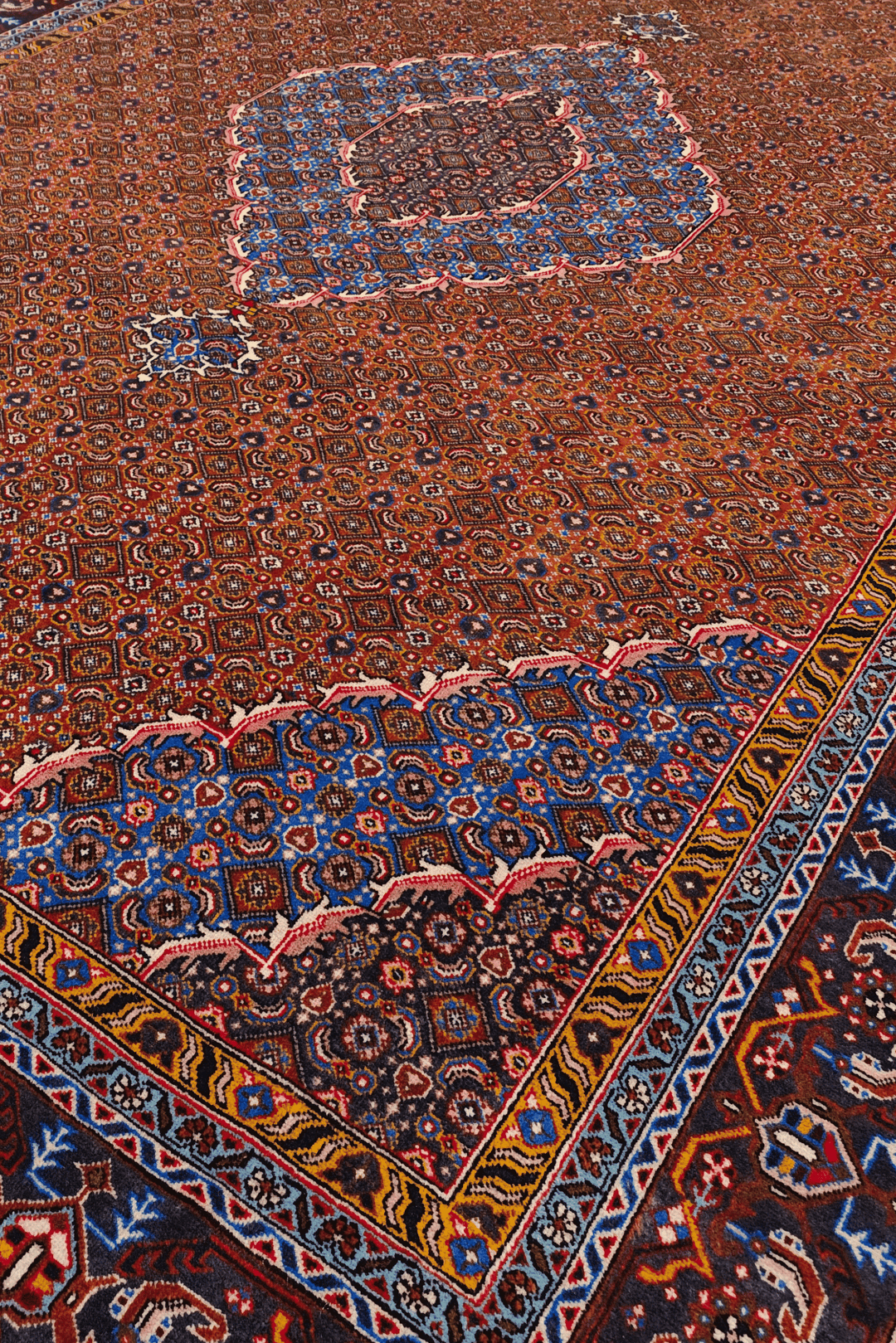 テラコッタのペルシャ絨毯 アルダビール（メダリオン柄）のボーダー（縁）のディテール