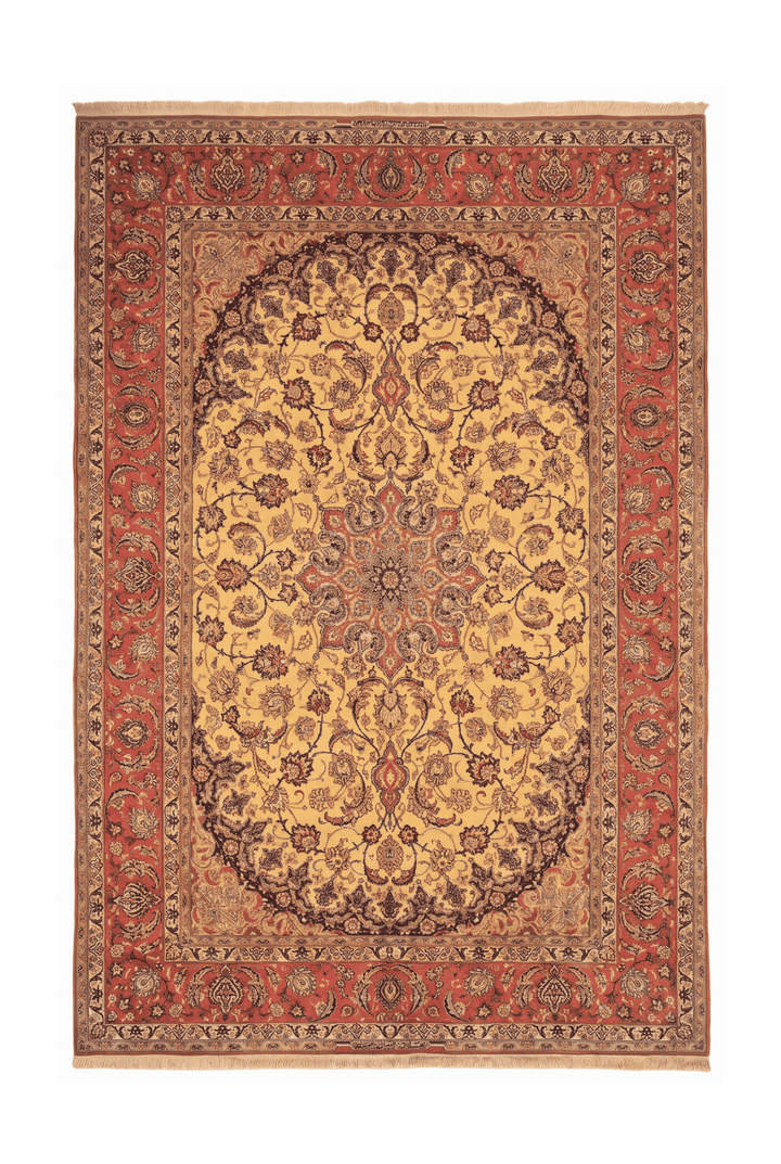 ハニーゴールドのペルシャ絨毯 イスファハン（花柄） 209×307cm・約4.5畳の手織りウールラグ
