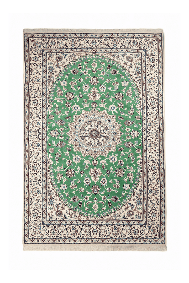 ピスタチオグリーンのペルシャ絨毯 ナイン（メダリオン柄） 146×247cm・約2畳の手織りウールラグ