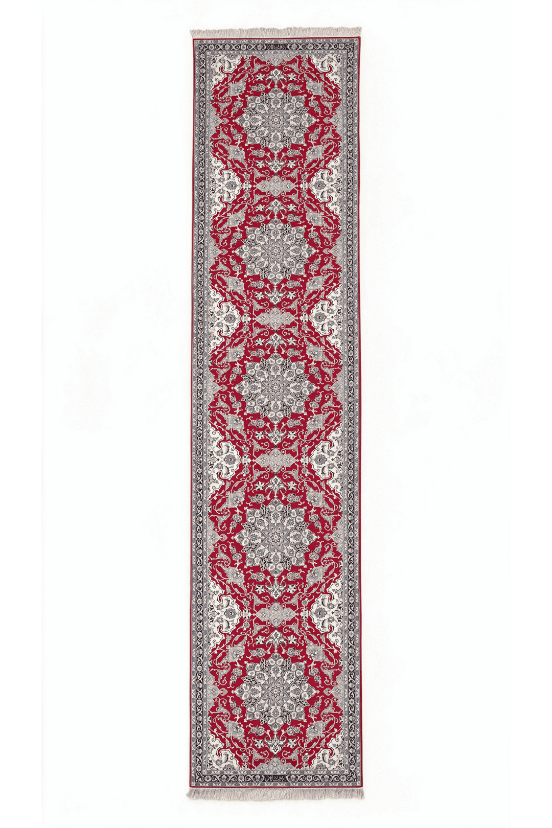 レッドのペルシャ絨毯 ナイン（メダリオン柄） 88×438cm・廊下ランナーの手織りウールラグ