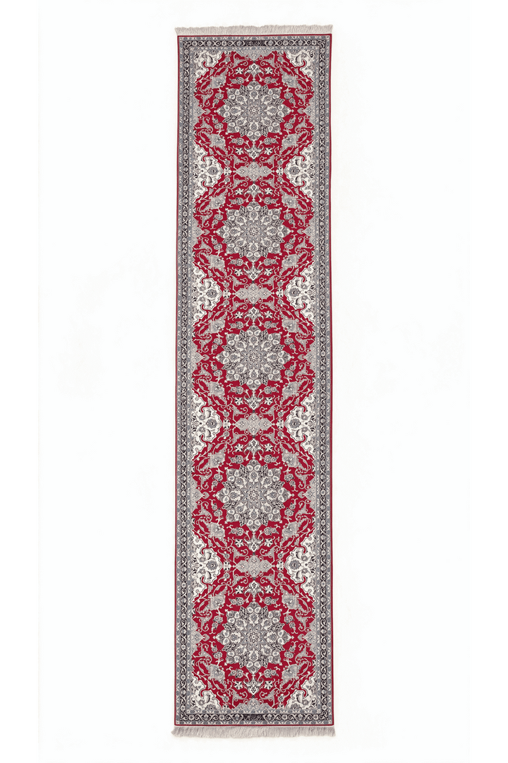 レッドのペルシャ絨毯 ナイン（メダリオン柄） 88×438cm・廊下ランナーの手織りウールラグ