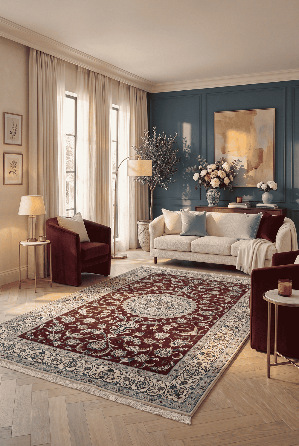 ワインレッドのペルシャ絨毯 ナイン（メダリオン柄）の柄のアップ