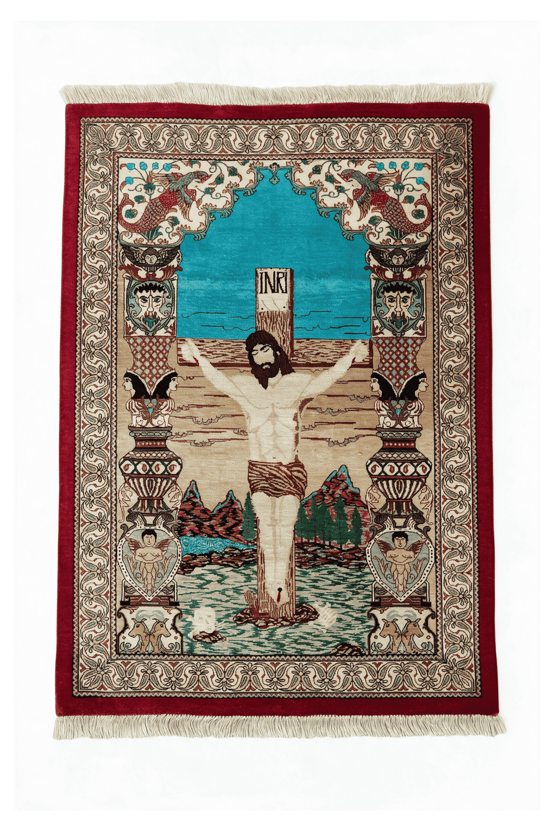 ベージュのペルシャ絨毯 クム シルク（絵画柄） 56×80cm・玄関マットの手織りシルクラグ