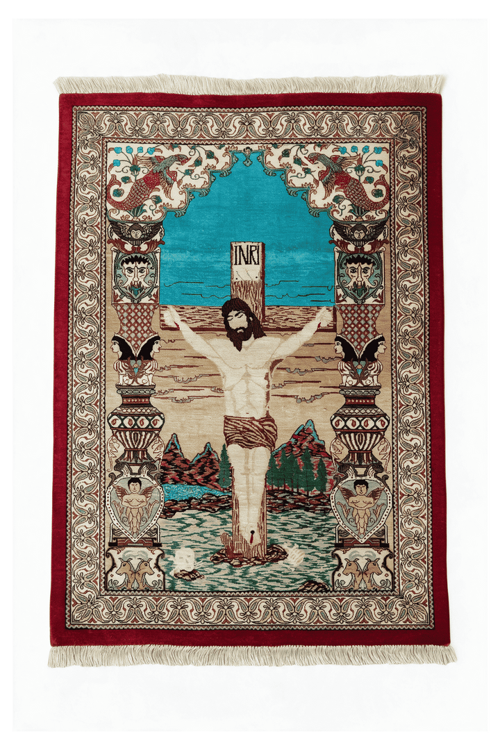 ベージュのペルシャ絨毯 クム シルク（絵画柄） 56×80cm・玄関マットの手織りシルクラグ