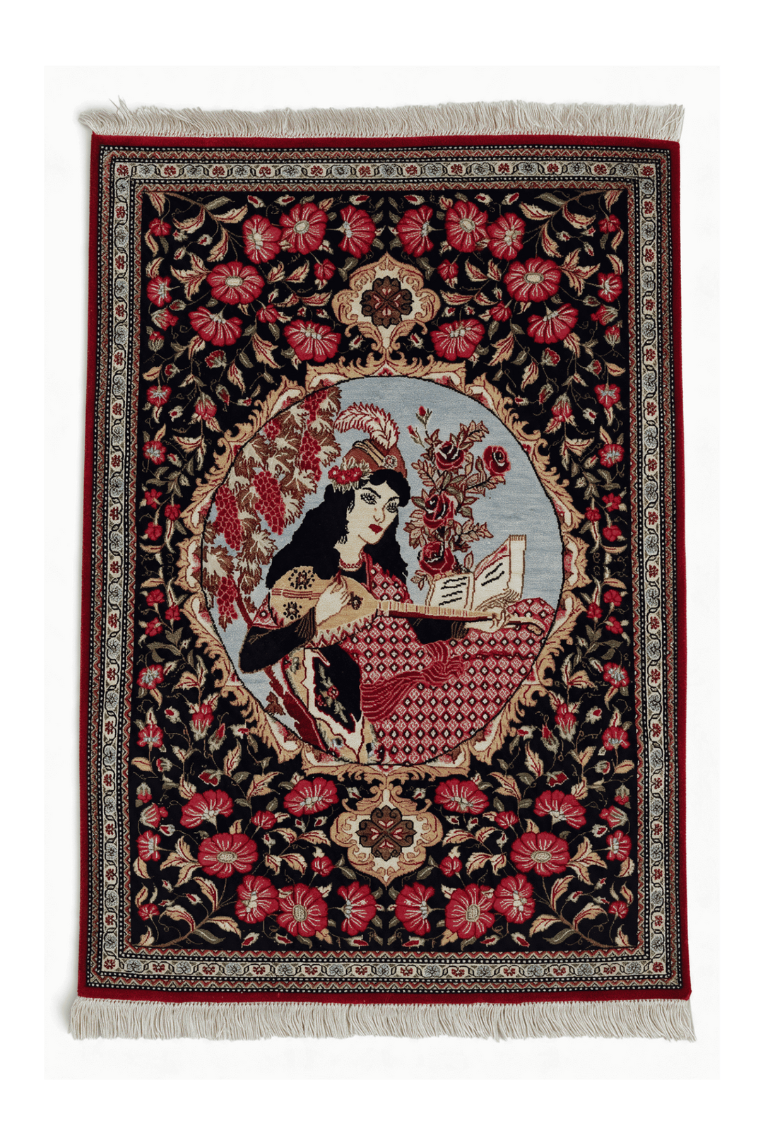 ブラックのペルシャ絨毯 クム シルク（絵画柄） 55×77cm・玄関マットの手織りシルクラグ