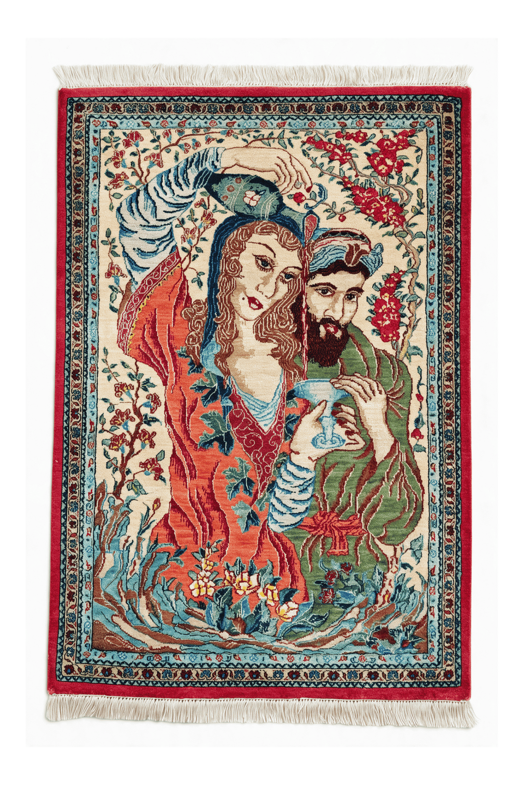 クリームのペルシャ絨毯 クム シルク（絵画柄） 55×76cm・玄関マットの手織りシルクラグ