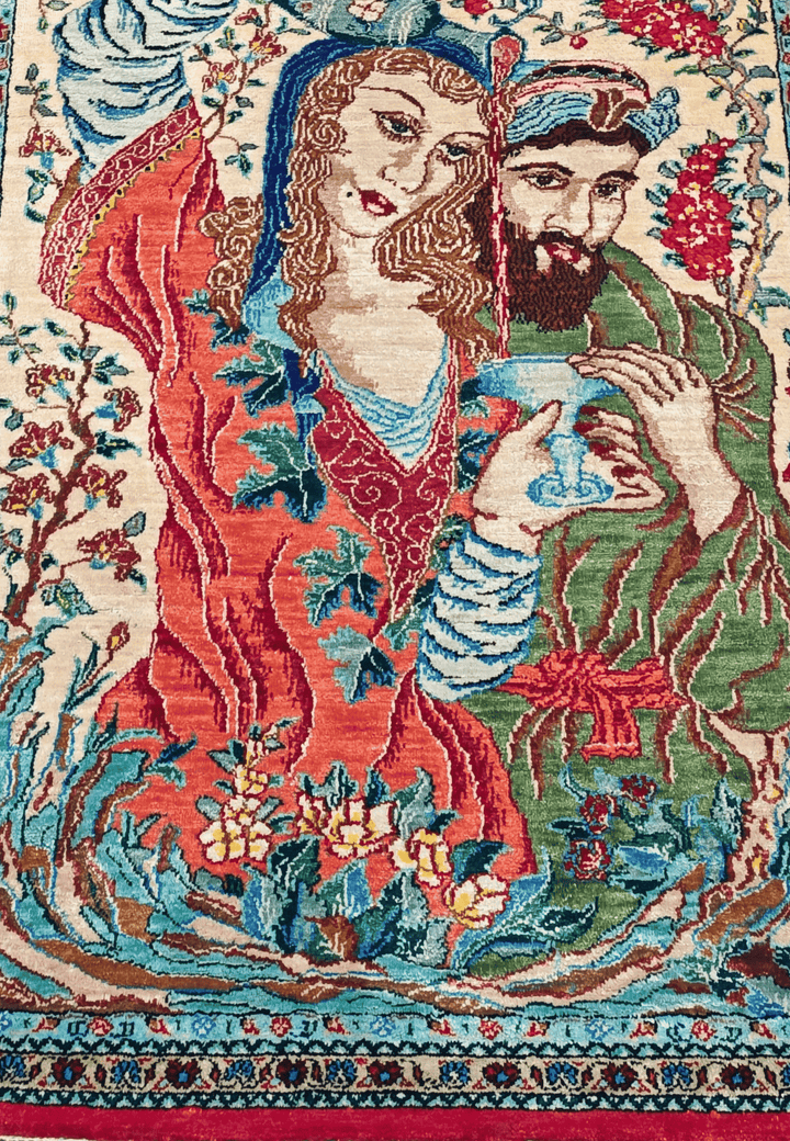 クリームのペルシャ絨毯 クム シルク（絵画柄） 手織りラグ 55×76cm（写真7）