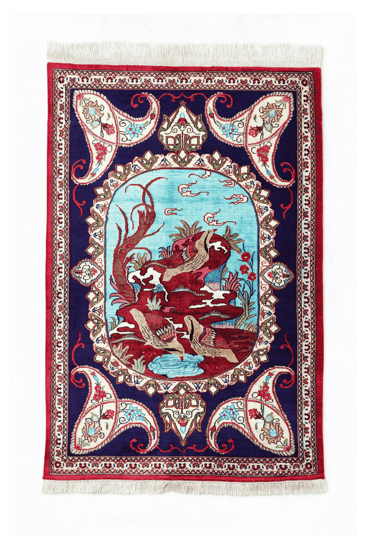 ディープバイオレットのペルシャ絨毯 クム シルク（絵画柄） 57×77cm・玄関マットの手織りシルクラグ