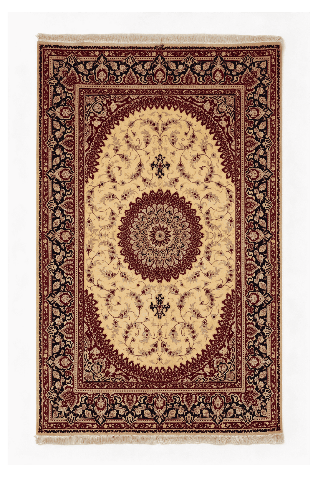 ゴールドのペルシャ絨毯 クム シルク（メダリオン柄） 98×150cm・約1畳の手織りシルクラグ