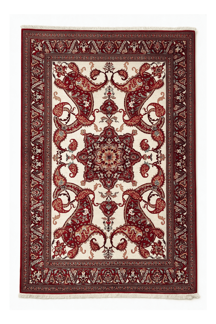 アイボリーのペルシャ絨毯 クム シルク（メダリオン柄） 100×147cm・約1畳の手織りシルクラグ