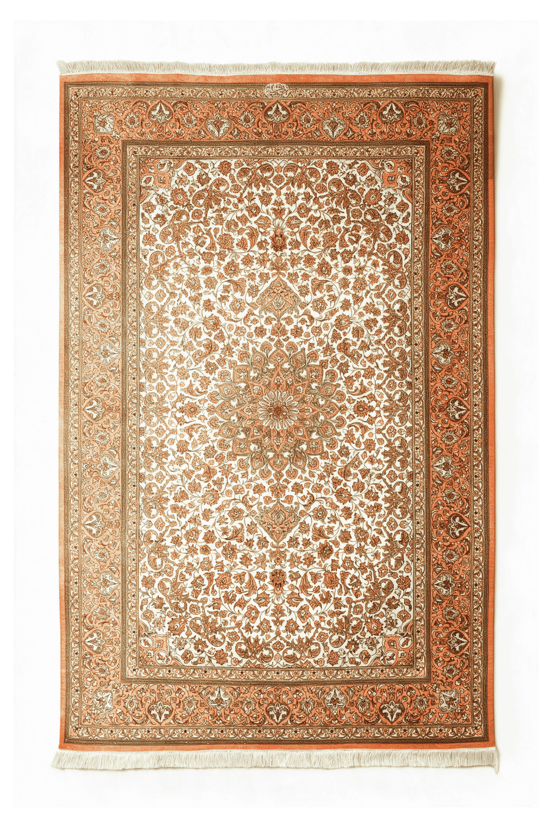 アイボリーのペルシャ絨毯 クム シルク（メダリオン柄） 100×160cm・約1畳の手織りシルクラグ