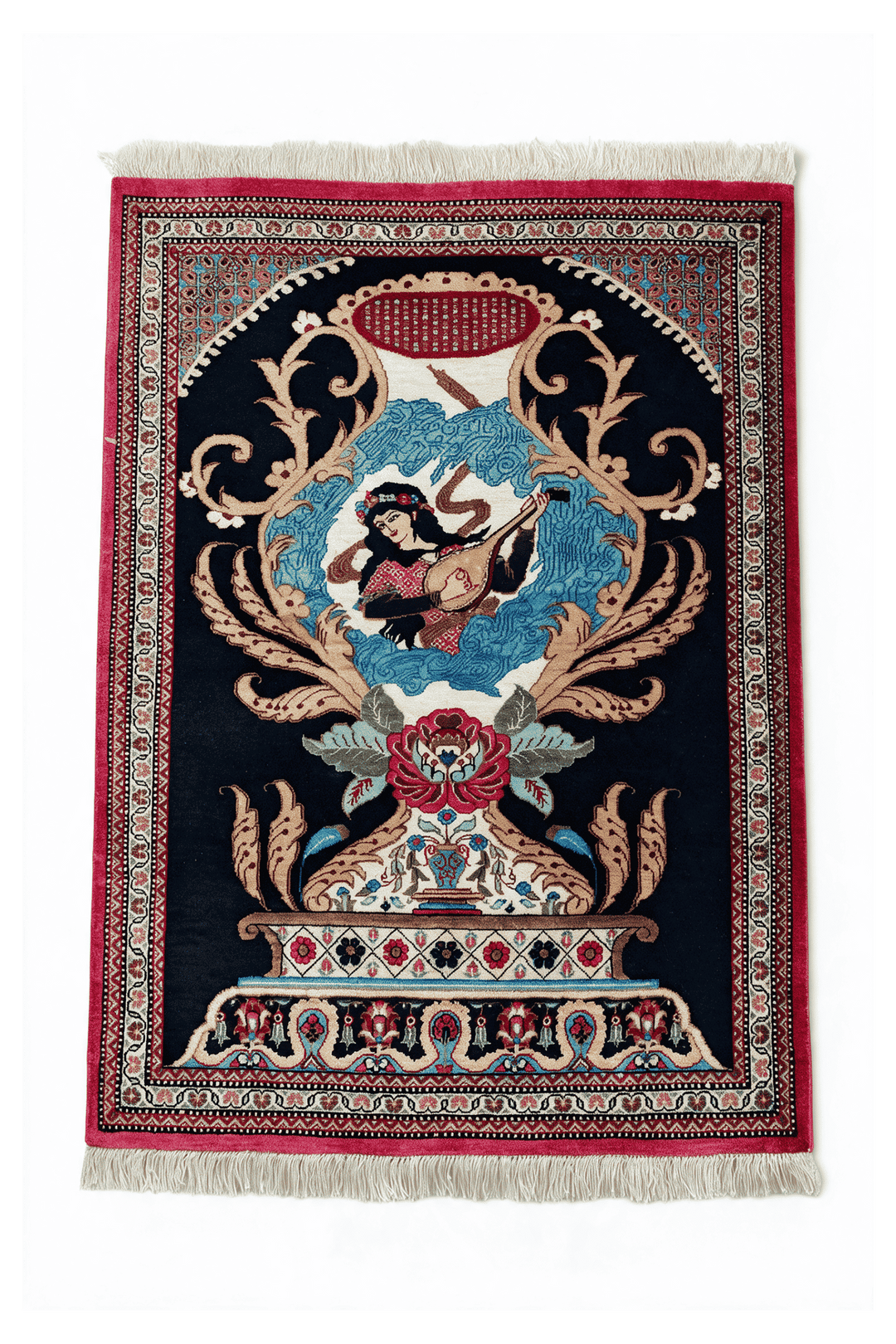 ネイビーブルーのペルシャ絨毯 クム シルク（絵画柄） 55×65cm・玄関マットの手織りシルクラグ
