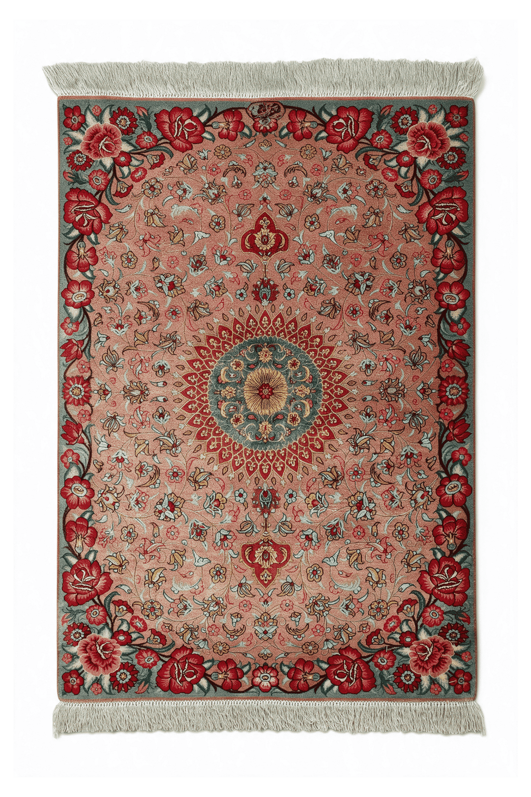 ピーチのペルシャ絨毯 クム シルク（メダリオン柄） 62×92cm・玄関マットの手織りシルクラグ