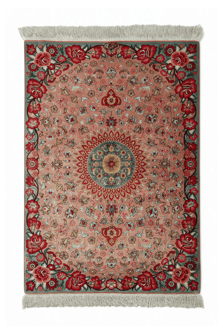 ピーチのペルシャ絨毯 クム シルク（メダリオン柄） 62×92cm・玄関マットの手織りシルクラグ