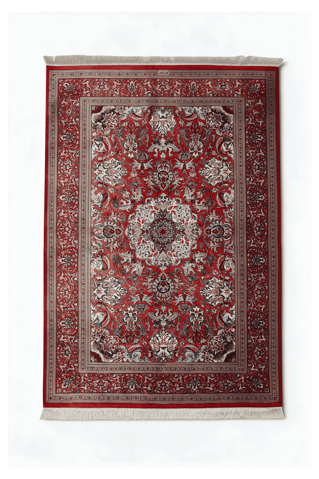 レッドのペルシャ絨毯 クム シルク（メダリオン柄） 105×150cm・約1畳の手織りシルクラグ