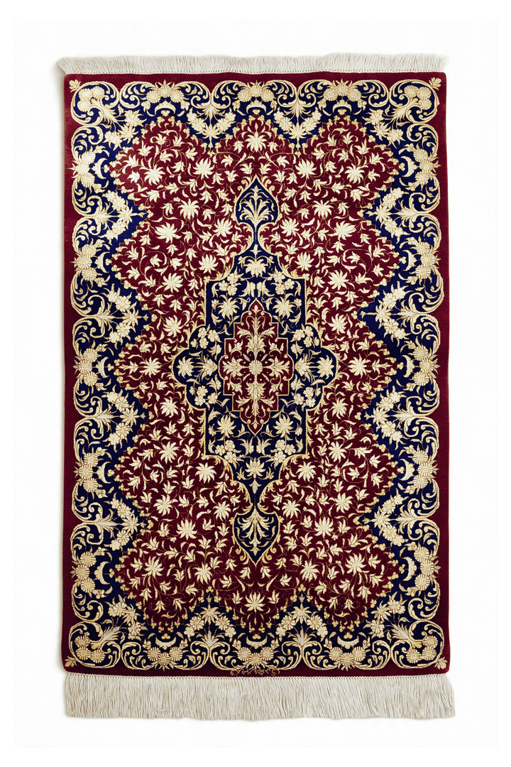 レッドのペルシャ絨毯 クム シルク（メダリオン柄） 57×96cm・玄関マットの手織りシルクラグ