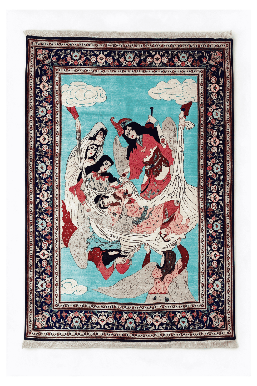 ターコイズのペルシャ絨毯 クム シルク（絵画柄） 100×150cm・約1畳の手織りシルクラグ