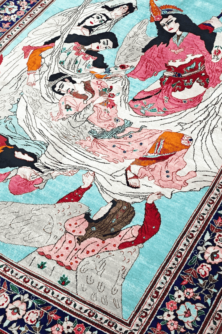 ターコイズのペルシャ絨毯 クム シルク（絵画柄） 手織りラグ 100×150cm（写真2）