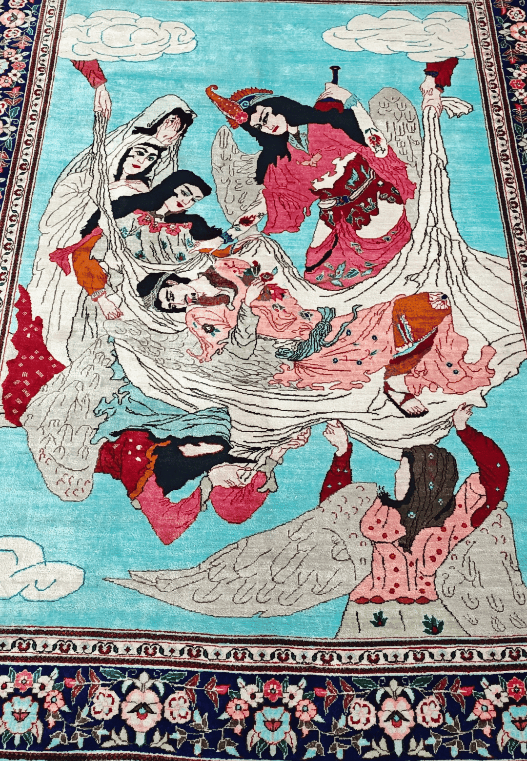 ターコイズのペルシャ絨毯 クム シルク（絵画柄） 手織りラグ 100×150cm（写真7）