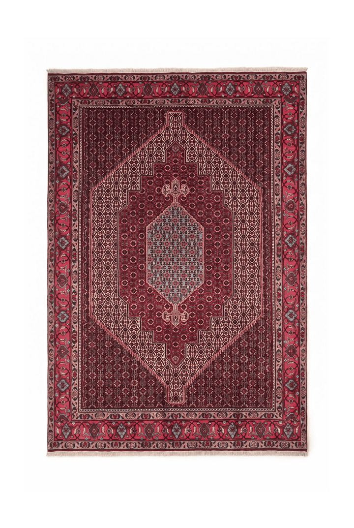 レッドのペルシャ絨毯 サブゼヴァール（メダリオン柄） 200×309cm・約4.5畳の手織りウールラグ