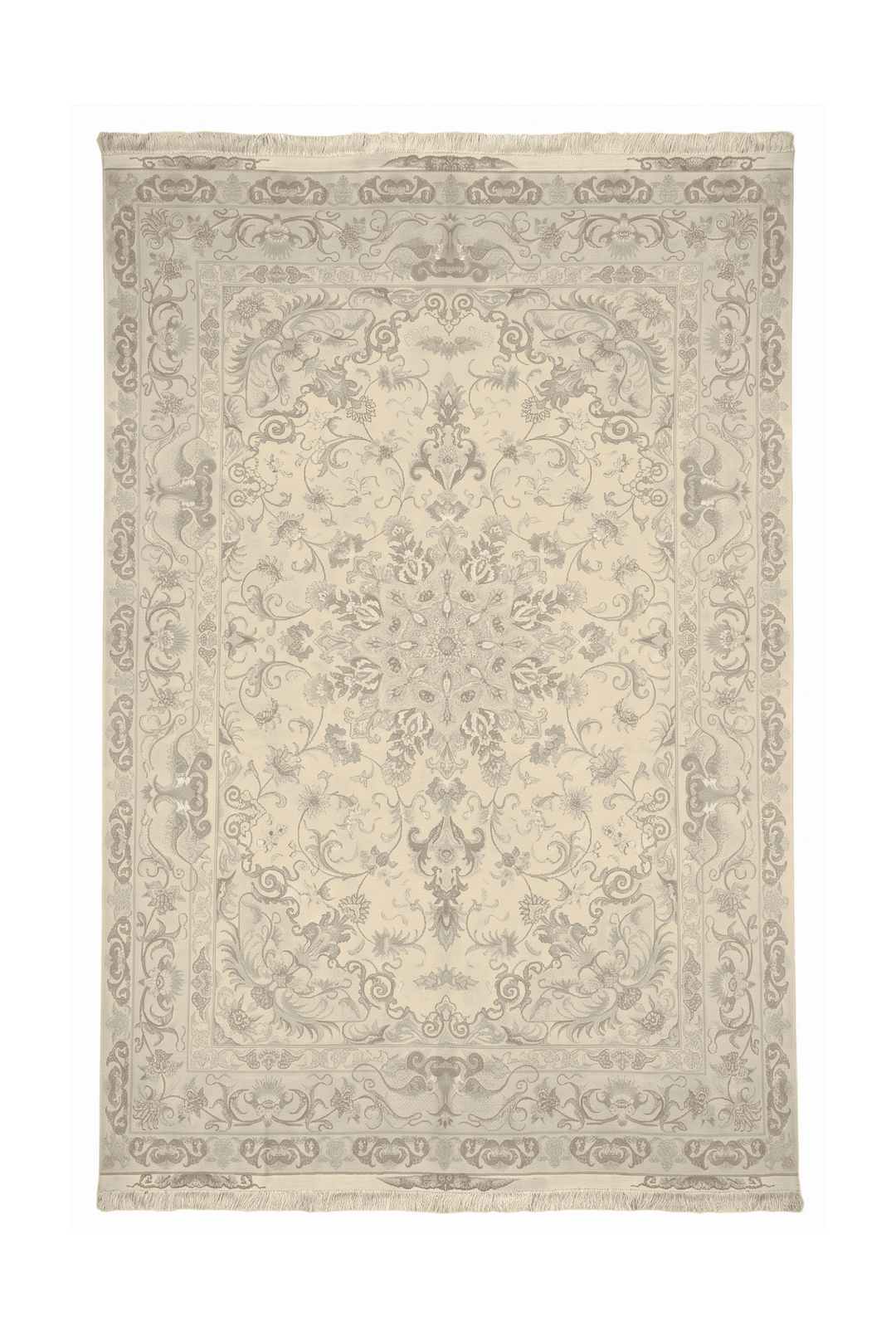 クリームのペルシャ絨毯 タブリーズ（メダリオン柄） 198×305cm・約4.5畳の手織りウールラグ