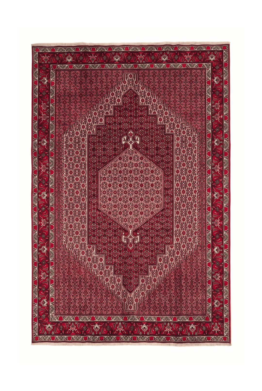 クリムゾンレッドのペルシャ絨毯 タブリーズ（メダリオン柄） 199×307cm・約4.5畳の手織りウールラグ