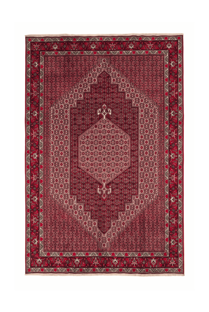 クリムゾンレッドのペルシャ絨毯 タブリーズ（メダリオン柄） 199×307cm・約4.5畳の手織りウールラグ