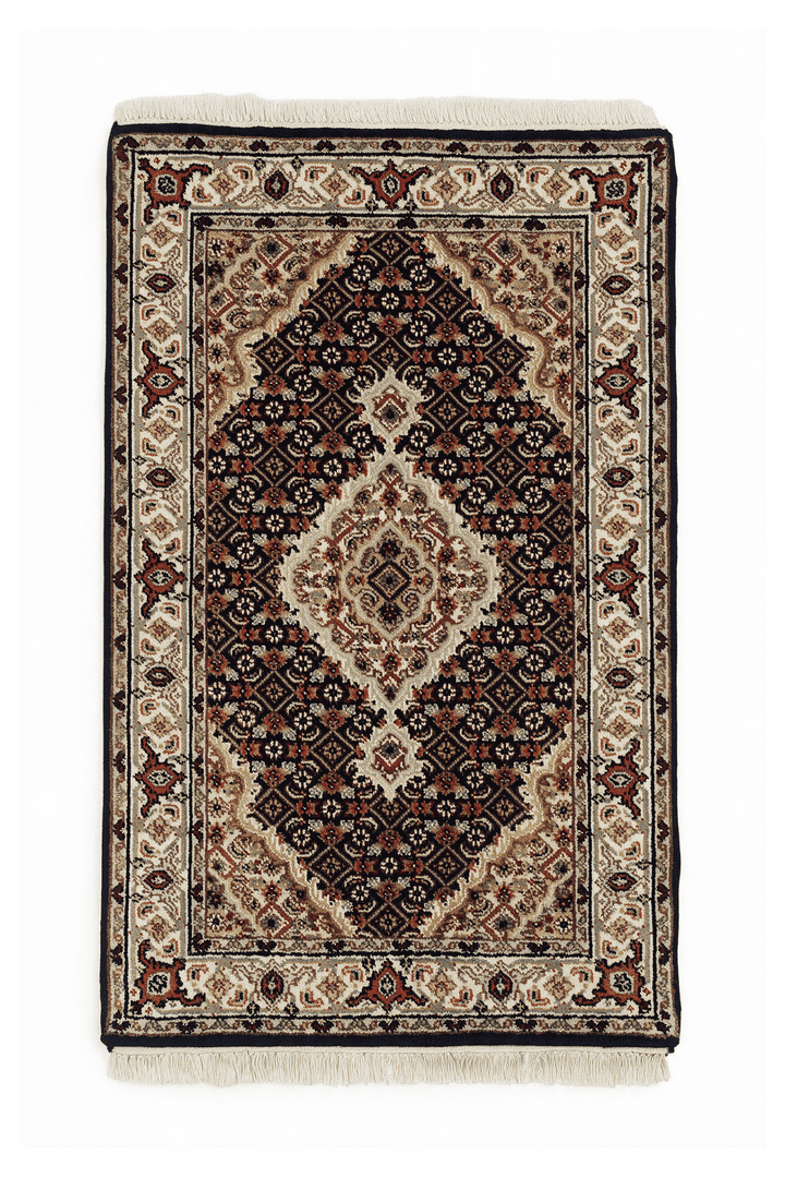 エスプレッソのペルシャ絨毯 タブリーズ（メダリオン柄） 61×92cm・玄関マットの手織りウールラグ