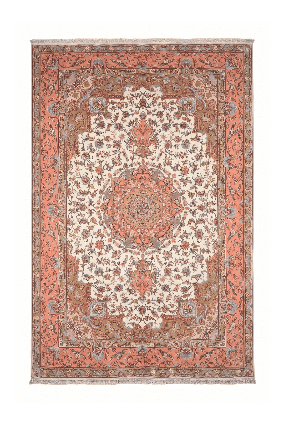 アイボリーのペルシャ絨毯 タブリーズ（メダリオン柄） 196×316cm・約4.5畳の手織りウールラグ