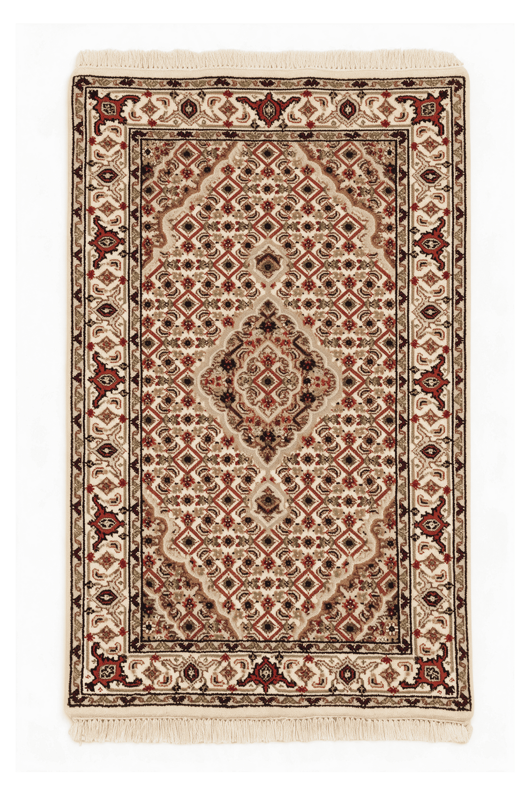 アイボリーのペルシャ絨毯 タブリーズ（メダリオン柄） 62×93cm・玄関マットの手織りウールラグ