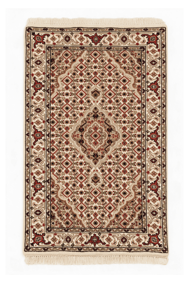 アイボリーのペルシャ絨毯 タブリーズ（メダリオン柄） 62×93cm・玄関マットの手織りウールラグ