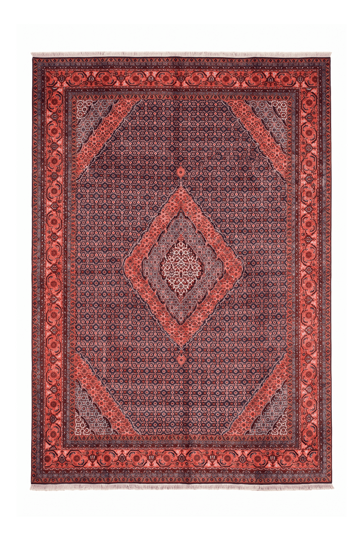 ネイビーブルーのペルシャ絨毯 タブリーズ（メダリオン柄） 245×349cm・約6畳の手織りウールラグ