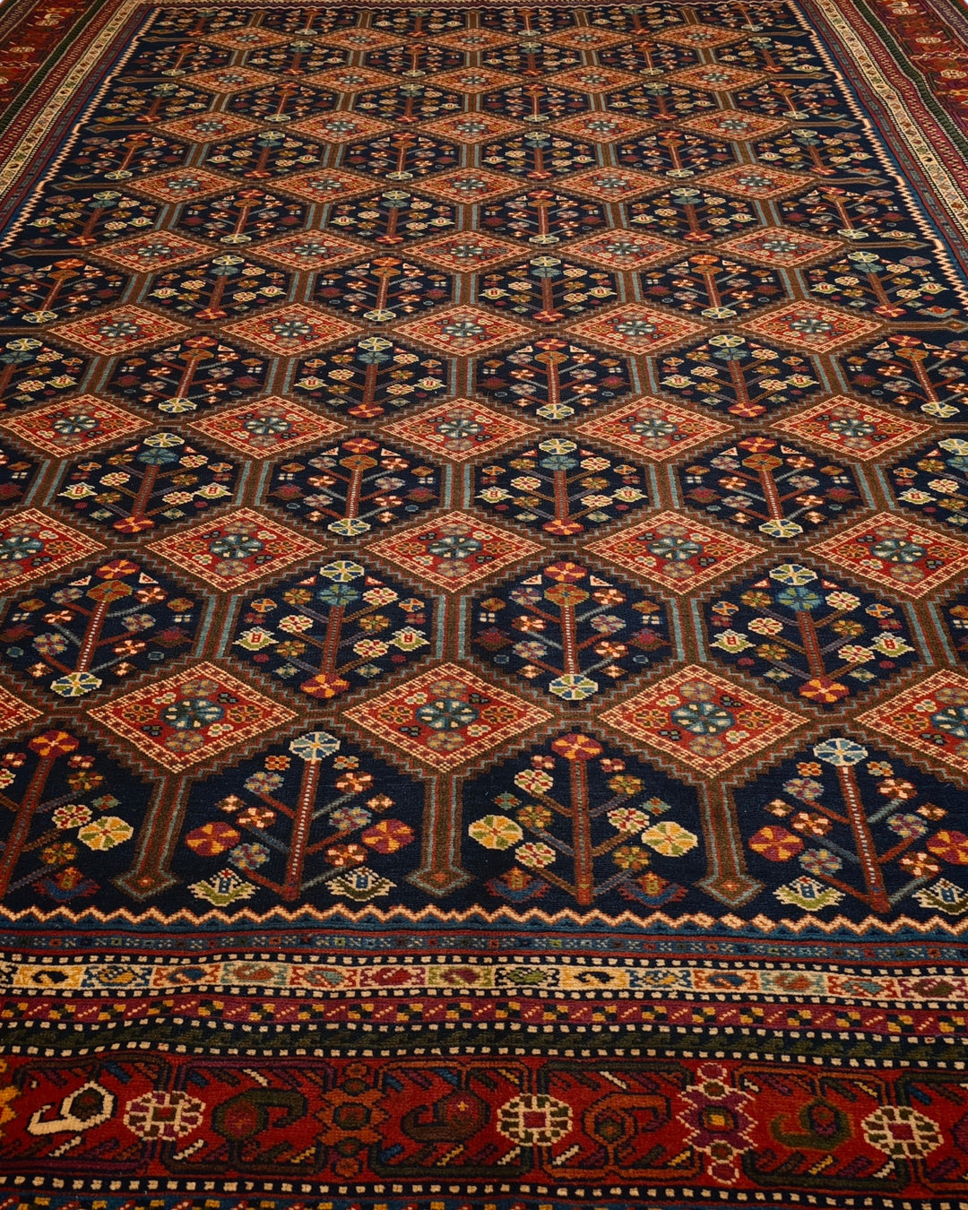 Navy &amp; Red Garden Lattice Rug, Hand-Knotted Afghani Sherwan