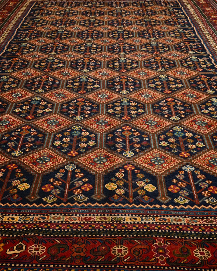 Navy &amp; Red Garden Lattice Rug, Hand-Knotted Afghani Sherwan