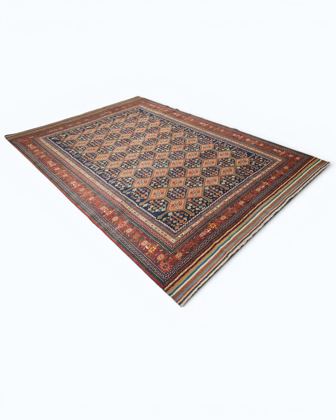 Navy &amp; Red Garden Lattice Rug, Hand-Knotted Afghani Sherwan